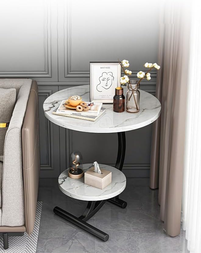 Seafront Seafront Outdoor Snacks Table with Metal Frame for Living Room Bedoom Multipurpose Square Tea Table Modern 2Tier Side End Table Marble Look Indoor and Troy Side Table - Image 2