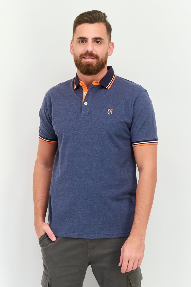 CROSSHATCH تي شيرت بولو للرجال بقصة عادية بأكمام قصيرة وشعار مطرز، أزرق - Image 1