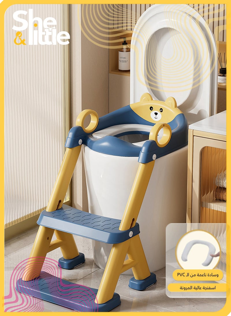 شي آند ليتل مقعد تدريب على استخدام المرحاض للأطفال، تصميم دب وردي مع سلم، ارتفاع قابل للتعديل، وسادة ناعمة من البولي فينيل كلوريد، مقبض مضاد للانزلاق، يناسب معظم المراحيض (أزرق وأصفر) - Image 1