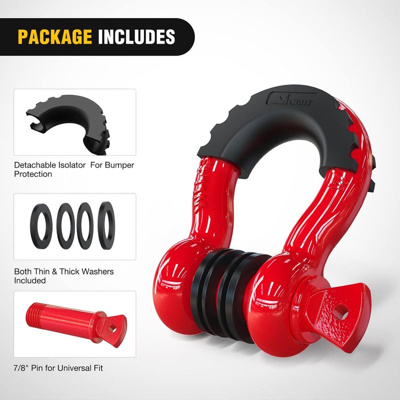 Nilight Easy daily handling design 2 Pack 3/4" D-Ring Shackle 4.75 Ton (9500 Lbs) Capacity with 7/8" Pin Heavy Duty Off Road Recovery Shackle with Isolators & Washer Kit for Jeep Truck Vehicle, Red (90053B) Heavy load resistant - Image 3