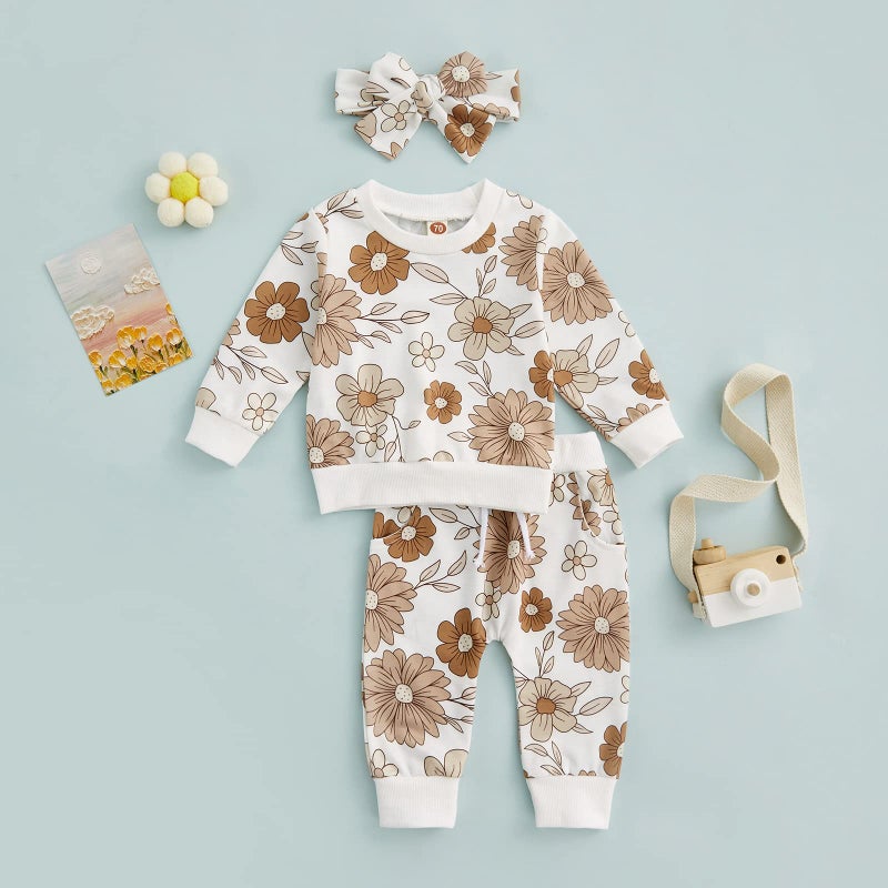 CIYCUIT 3Pcs Baby Girl Outfits Floral Sweatshirt + Pants + Headband Infant Fall Winter Clothes White 0-6 Months - Image 5