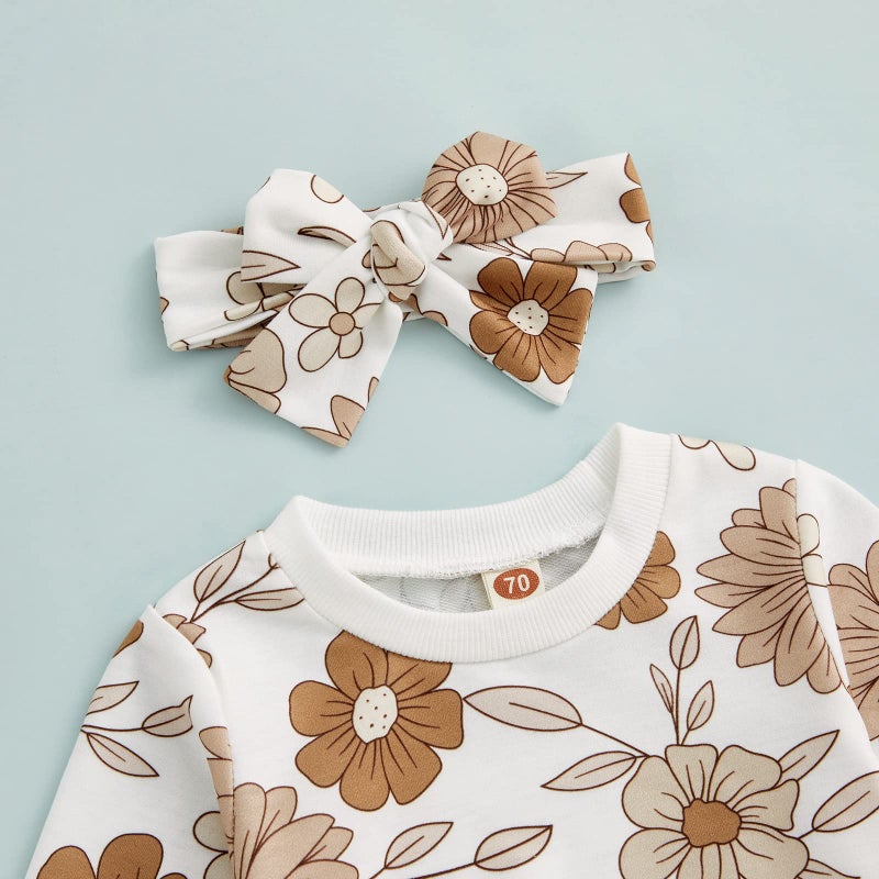 CIYCUIT 3Pcs Baby Girl Outfits Floral Sweatshirt + Pants + Headband Infant Fall Winter Clothes White 0-6 Months - Image 2