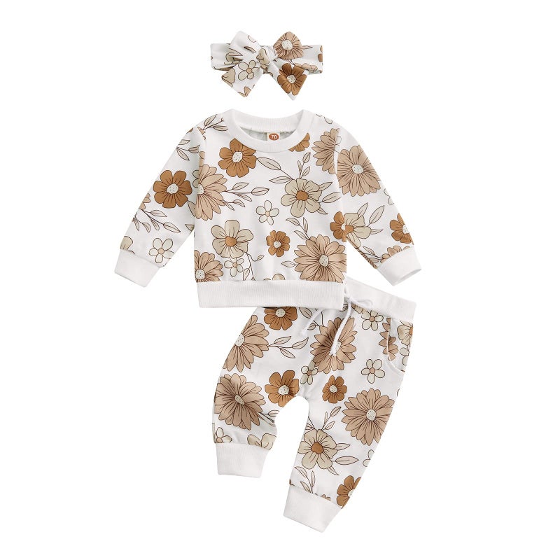 CIYCUIT 3Pcs Baby Girl Outfits Floral Sweatshirt + Pants + Headband Infant Fall Winter Clothes White 0-6 Months - Image 1