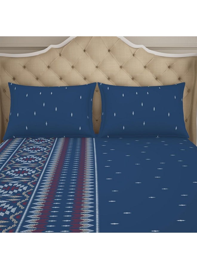 Welspun - Welspun 100% Cotton Double Bedsheet (224Cm X 254 Cm / 43 Cm X 68 Cm) | 144 Tc Percale Geometric Bedsheet & Pillow Covers Set (Blue Sapphire)- Anti Bacterial - Image 1