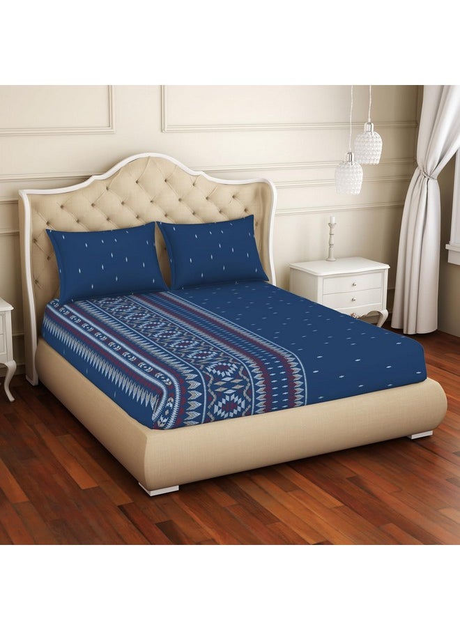 Welspun - Welspun 100% Cotton Double Bedsheet (224Cm X 254 Cm / 43 Cm X 68 Cm) | 144 Tc Percale Geometric Bedsheet & Pillow Covers Set (Blue Sapphire)- Anti Bacterial - Image 1