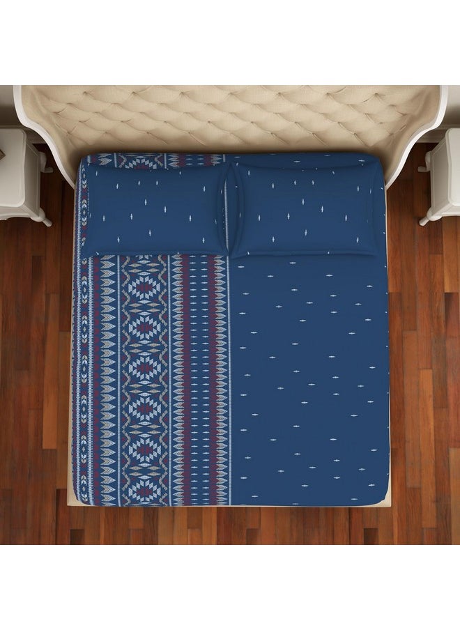 Welspun - Welspun 100% Cotton Double Bedsheet (224Cm X 254 Cm / 43 Cm X 68 Cm) | 144 Tc Percale Geometric Bedsheet & Pillow Covers Set (Blue Sapphire)- Anti Bacterial - Image 1
