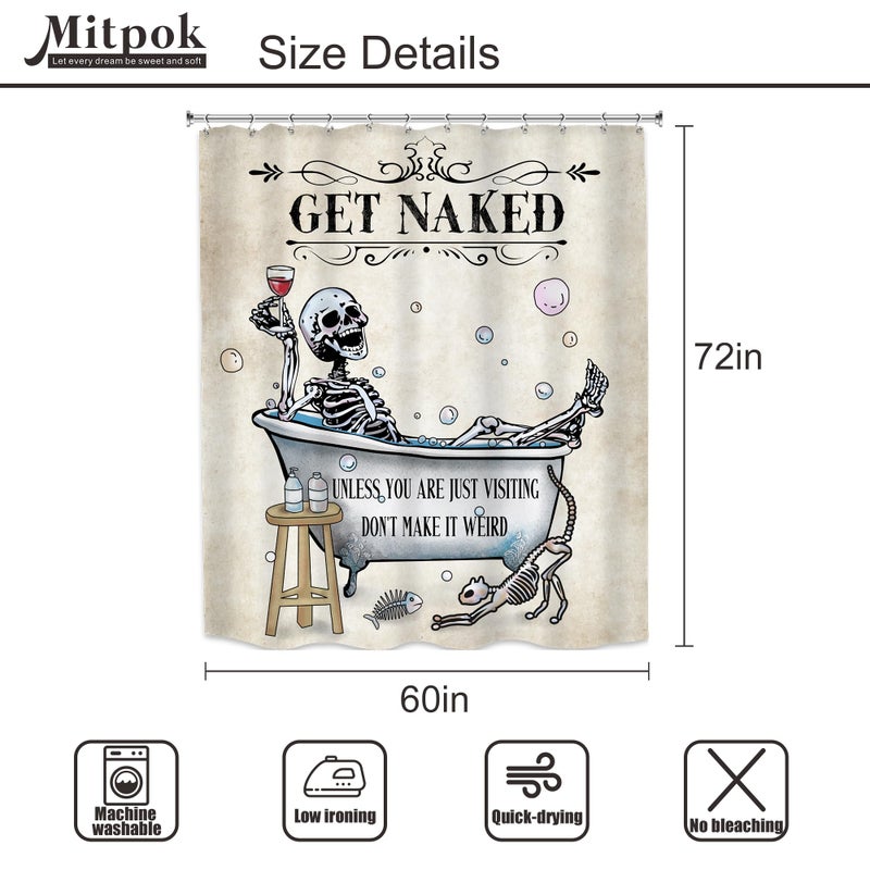 Mitpok Funny Skull Skeleton Shower Curtain 60Wx72H Gothic Spooky Unique Cool Bone in Bathtub Bubbles Horror Halloween Cat Fish Retro Scary Bathroom Decor Bath Curtain Fabric Polyester 12 Pack Hooks - Image 2