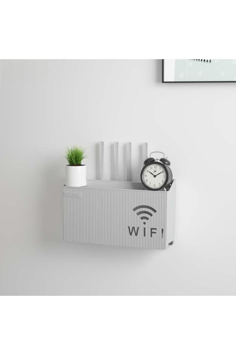 صندوق تخزين رمادي فاتح لجهاز توجيه منزلي، لاسلكي واي فاي، رف تخزين جداري لجهاز استقبال التلفزيون، مناسب لغرف المعيشة