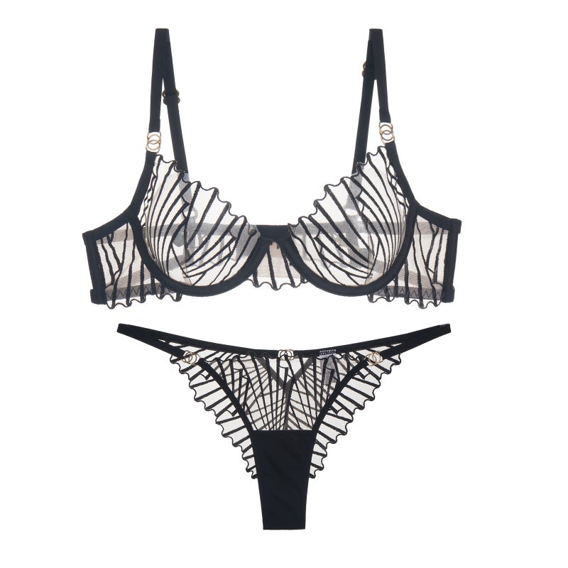 Ultra-thin Mesh Embroidered Bra Panties Thong suit in stock French Underwear Womens Thin Breathable Push-upBlack Y2006A + T2006B Black Y2006A + T2006B 