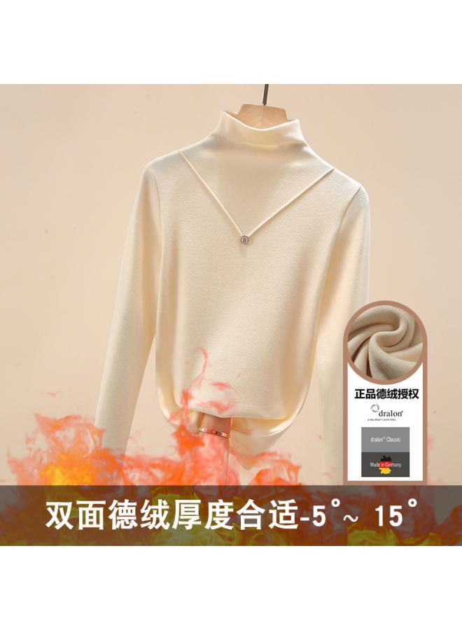 Double-sided Velvet Bottoming Shirt For Women Spring And Autumn With Western Style Half Turtleneck Fleece-lined Women's Long-sleeved T-shirt Warm Top