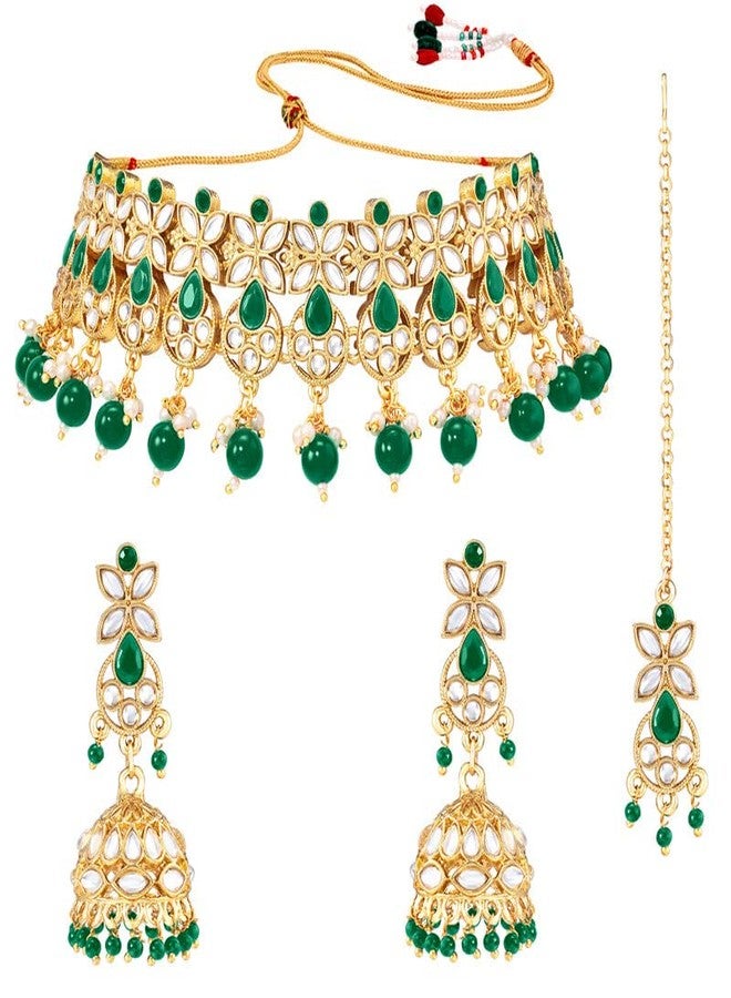 Aheli Traditional Kundan Choker Necklace Jhumki Earring & Maang Tikka Ethnic Bharatanatyam jewellery Set Gift for Women - Image 1