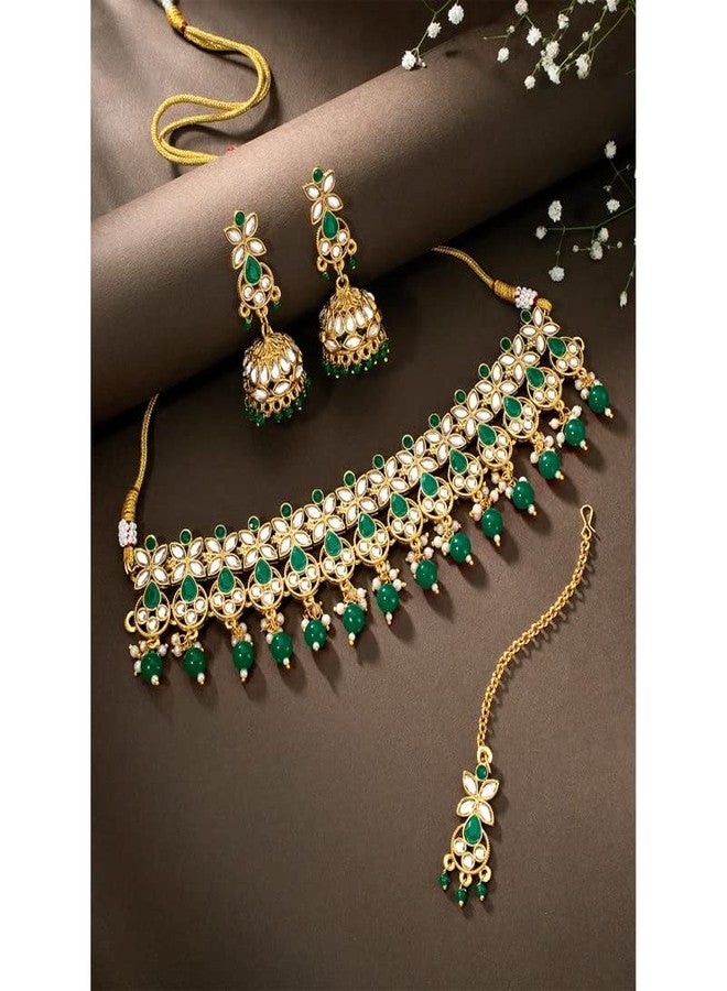 Aheli Traditional Kundan Choker Necklace Jhumki Earring & Maang Tikka Ethnic Bharatanatyam jewellery Set Gift for Women - Image 2