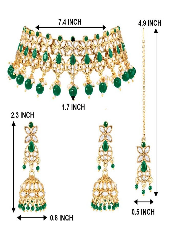 Aheli Traditional Kundan Choker Necklace Jhumki Earring & Maang Tikka Ethnic Bharatanatyam jewellery Set Gift for Women - Image 4