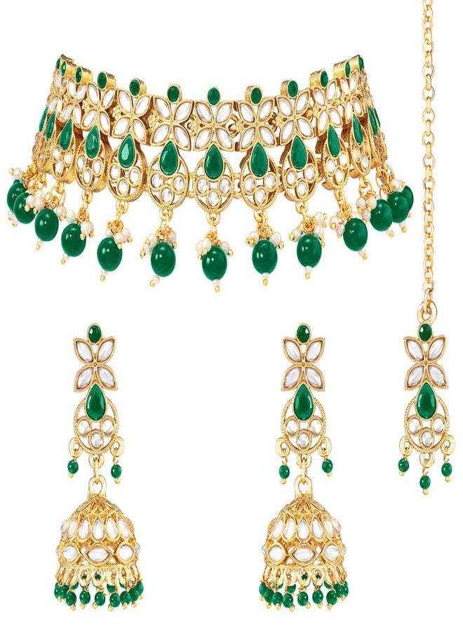 Aheli Traditional Kundan Choker Necklace Jhumki Earring & Maang Tikka Ethnic Bharatanatyam jewellery Set Gift for Women - Image 3