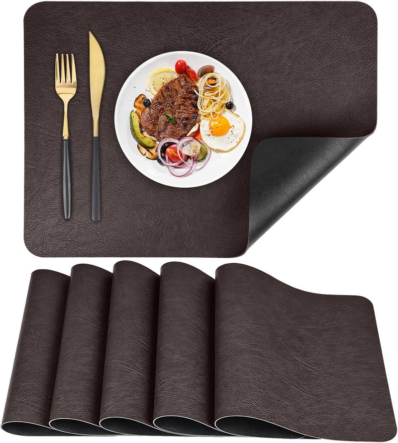 APLKER Faux Leather Placemats Set of 6 Heat Resistant Dining Table Place Mats Waterproof Washable Kitchen Table Mats, 16 x12 inch (Coffee/Black, Set of 6) - Image 1