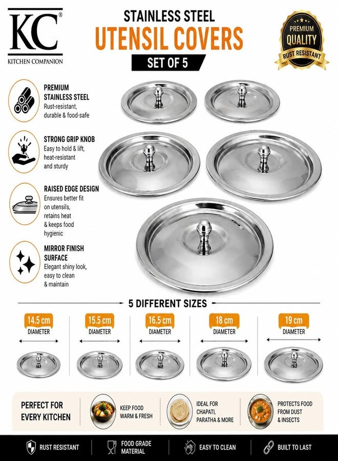 KC Stainless Steel Heavy Gauge Ciba/Lids/Tope/Cheeba Cover Set of 5 with Knob, 14.5cm, 15.5cm, 16.5cm, 18cm, 19cm - Image 2