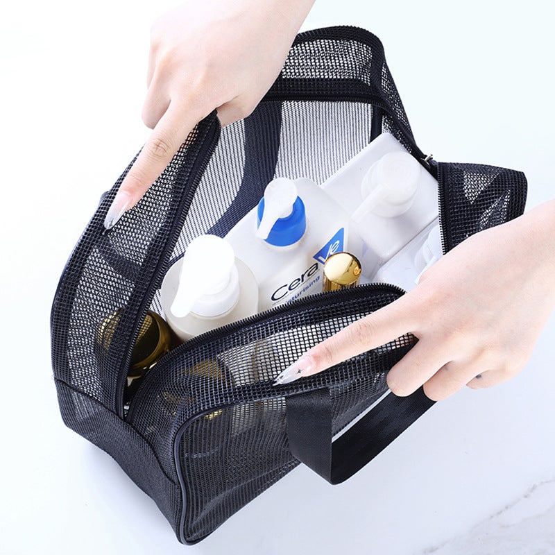 Mesh men's wash bag portable portable bath storage cosmetic bag Black leaking fitness bath bag bath bag(Small black) - Image 3