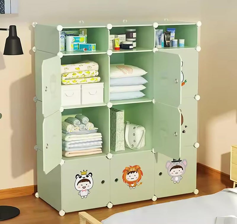 EXVITO Kids Portable DIY Cartoon Giraffe Wardrobe | Multi-Shelf Foldable Almirah for Baby Clothes Storage Rack | 9+3 Door Plastic Kids Cupboard with Hanging Space & Drawers | Storage Organizer - Green - Image 3