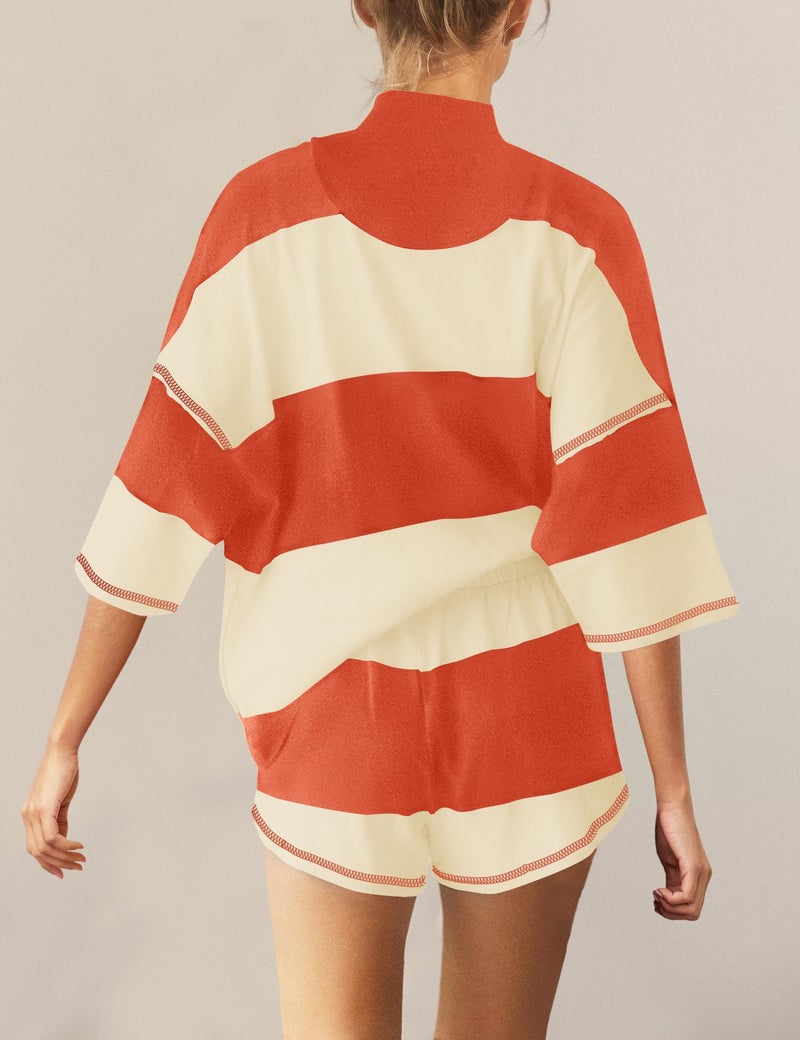 Panadila Women Striped Workout Set Two Piece Outfit Tracksuit Oversized Lounge Set Top and Shorts Sets with Pockets(Red Beige Combo,M) - Image 3