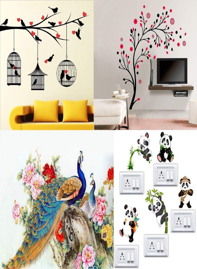 Walltech Combo of 4 Wall Sticker Love Birds with Hearts-(125 x 85 cms) | Magical Tree-(150 x 150 cms) | Royal Peacock-(50 x 60 cms) | Panda-(60 x 50 cms) - Material Vinyl - Image 1