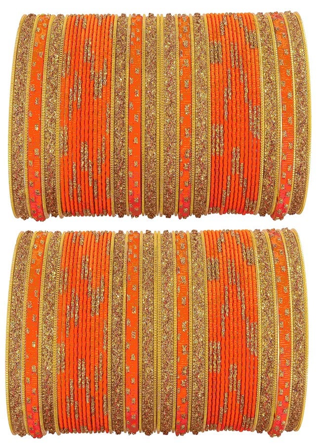ZULKA Non-Precious Metal Base Metal Curved Shaped and Spread with Glitter Glossy Finished Bangle Set For Women and Girls, (Orange_2.6 Inches), Pack Of 104 Bangle Set - Image 1