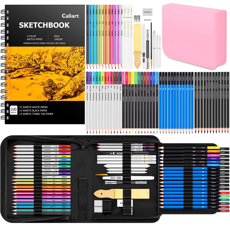 Caliart 176PCS Art Supplies Sketching Kit with 100 Sheets 3-Color Sketch Book, Graphite Colored Charcoal Watercolor & Metallic Pencils, Drawing Supplies Christmas Gifts for Artists Adults Beginners - Image 1
