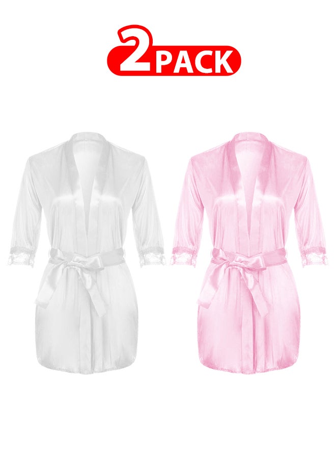 MARGOUN 2 Pack Satin Silk Pajamas Robe for Women Height 80cm Lace Short Sleeve Nightgown Underwear Lingerie Sleepwear Mini Nightdress Robe Free Size - Image 1