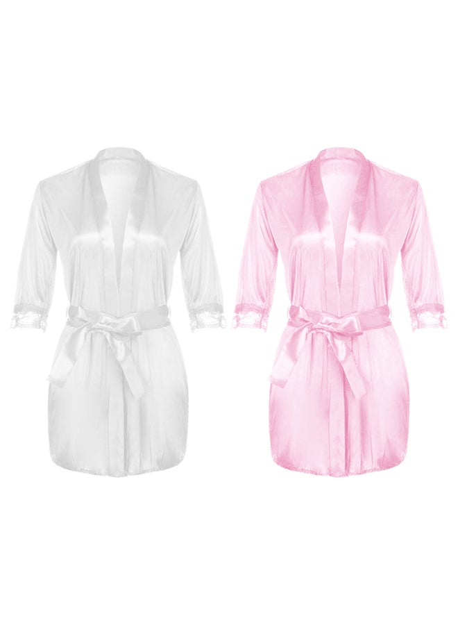 MARGOUN 2 Pack Satin Silk Pajamas Robe for Women Height 80cm Lace Short Sleeve Nightgown Underwear Lingerie Sleepwear Mini Nightdress Robe Free Size - Image 2