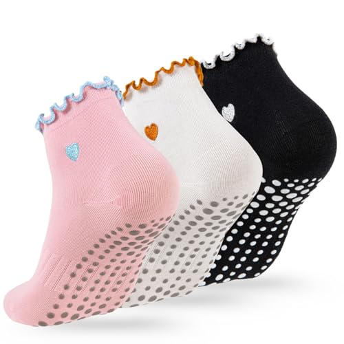 Soxbang 3/6 Pairs Cute Pilates Socks with Grips,Yoga Socks Barre Sock Non Slip Embroidery for Barre Ballet Workout (US, Numeric, 5, 9, Regular, Regular, Ruffle(1Black1pink1white)) - Image 1