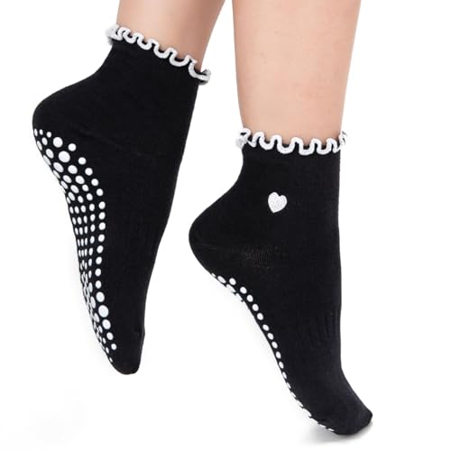 Soxbang 3/6 Pairs Cute Pilates Socks with Grips,Yoga Socks Barre Sock Non Slip Embroidery for Barre Ballet Workout (US, Numeric, 5, 9, Regular, Regular, Ruffle(1Black1pink1white)) - Image 4