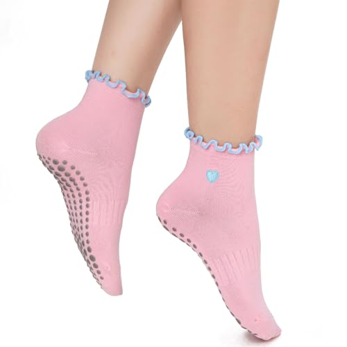 Soxbang 3/6 Pairs Cute Pilates Socks with Grips,Yoga Socks Barre Sock Non Slip Embroidery for Barre Ballet Workout (US, Numeric, 5, 9, Regular, Regular, Ruffle(1Black1pink1white)) - Image 2