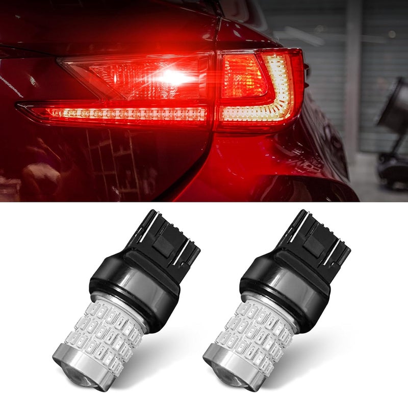 PACLVIO أحدث مصابيح LED 7441 7440 7443 فائقة السطوع ومنخفضة الطاقة 9-30 فولت مع عدسة إسقاط بديلة لمصابيح الفرامل الخلفية والوقوف والإنذار والوقوف والإشارة، عبوة من 2 (أحمر) - Image 1
