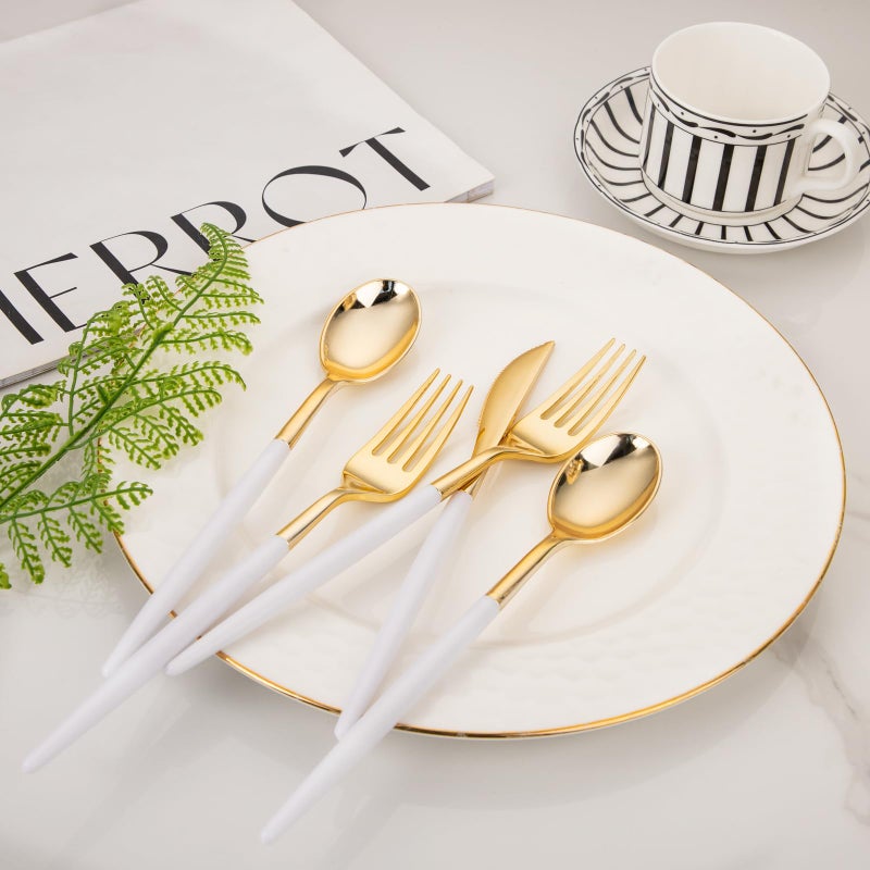 I00000 60 Pcs Gold Plastic Silverware - Heavy Duty Gold Plastic Cutlery -Super Bowl Party Disposable Silverware Set Includes 20 Gold Forks  20 Gold Knives  20 Gold Spoons Perfect for Wedding - Image 3
