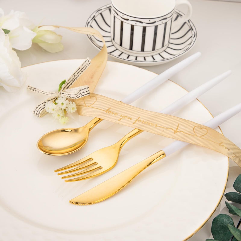 I00000 60 Pcs Gold Plastic Silverware - Heavy Duty Gold Plastic Cutlery -Super Bowl Party Disposable Silverware Set Includes 20 Gold Forks  20 Gold Knives  20 Gold Spoons Perfect for Wedding - Image 4