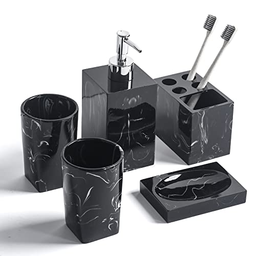 5Piece Bathroom Counter Top Accessory Set  Dispenser for Liquid Soap or Lotion Soap Dish Toothbrush Holder and 2 Tumblers Marble Pattern Resin Ink Black