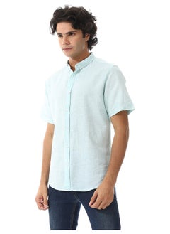 Andora Solid Linen Short Sleeve Oxford Shirt _ Aqua Blue  - Image 5