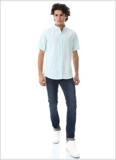 Andora Solid Linen Short Sleeve Oxford Shirt _ Aqua Blue  - Image 1