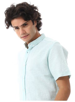 Andora Solid Linen Short Sleeve Oxford Shirt _ Aqua Blue  - Image 4