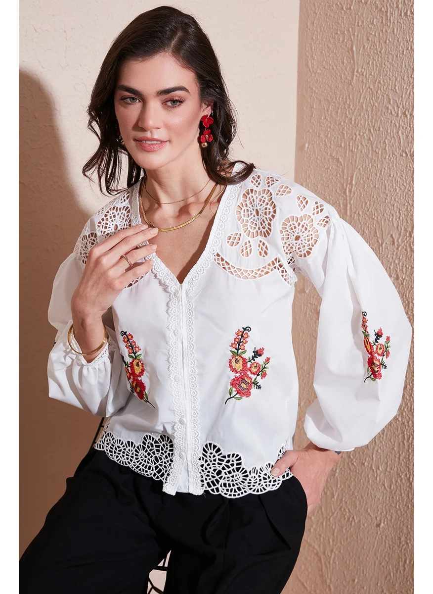 Lela Embroidered Cotton Regular Fit Openwork V Neck Shirt Women's Shirt 676214