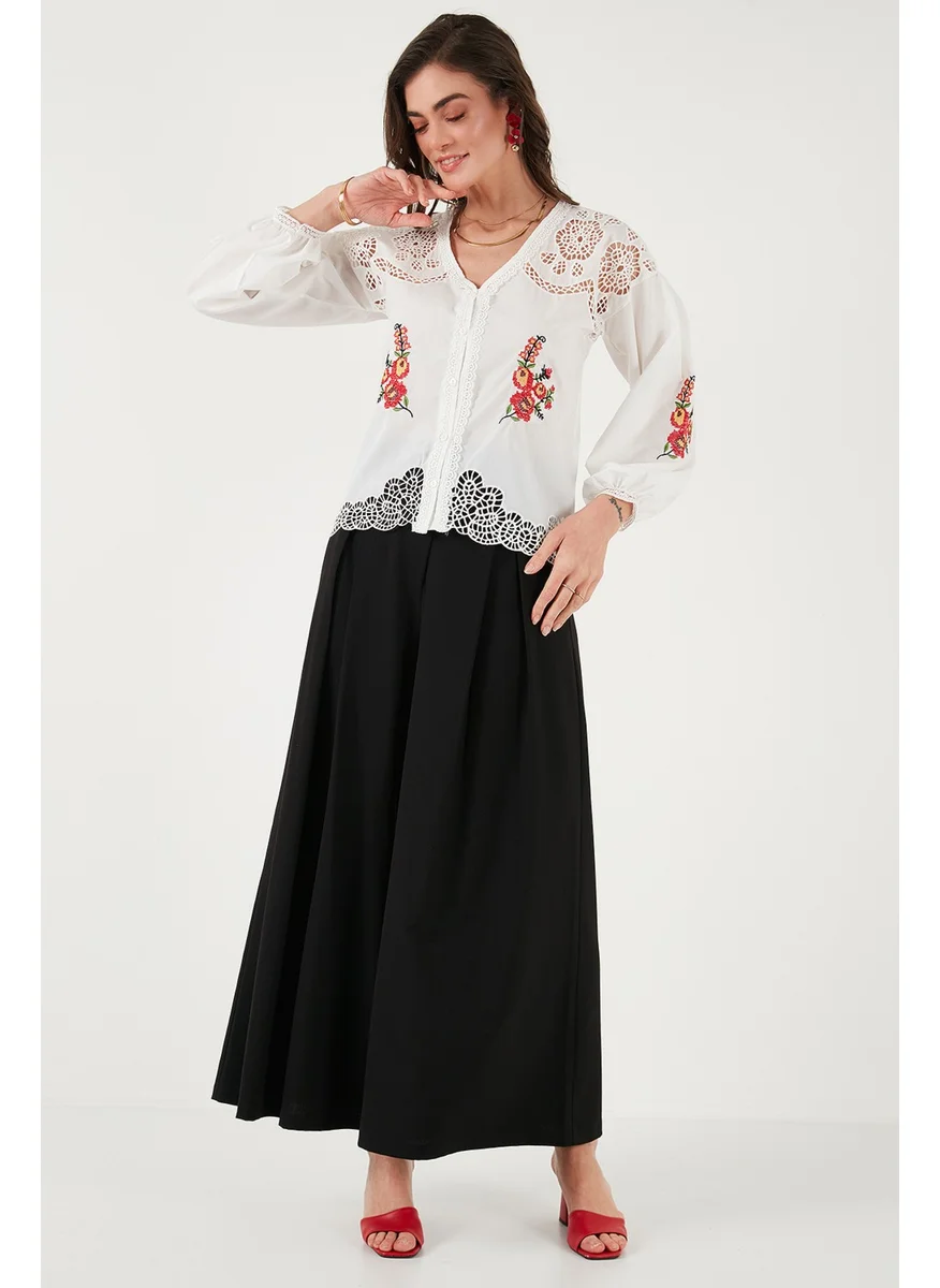 Lela Embroidered Cotton Regular Fit Openwork V Neck Shirt Women's Shirt 676214