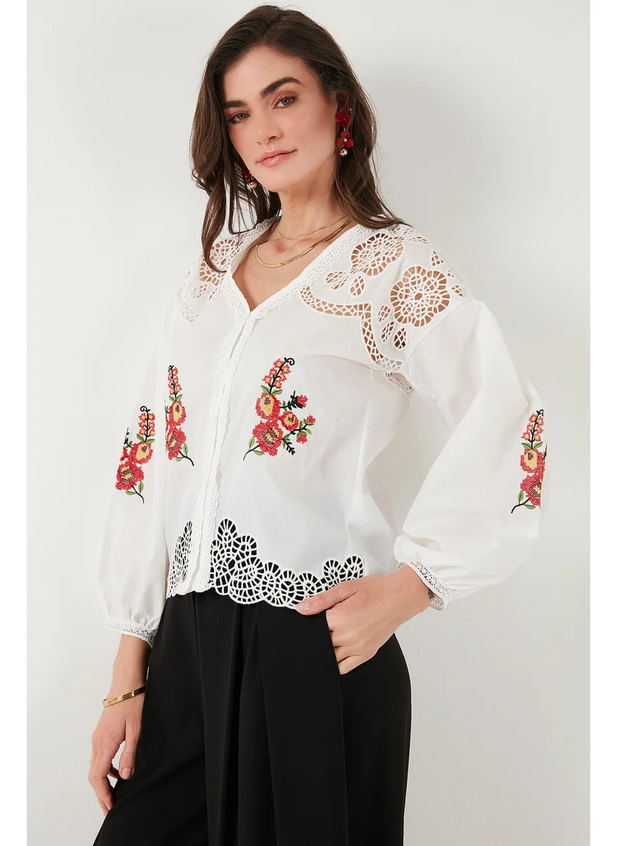 Lela Embroidered Cotton Regular Fit Openwork V Neck Shirt Women's Shirt 676214