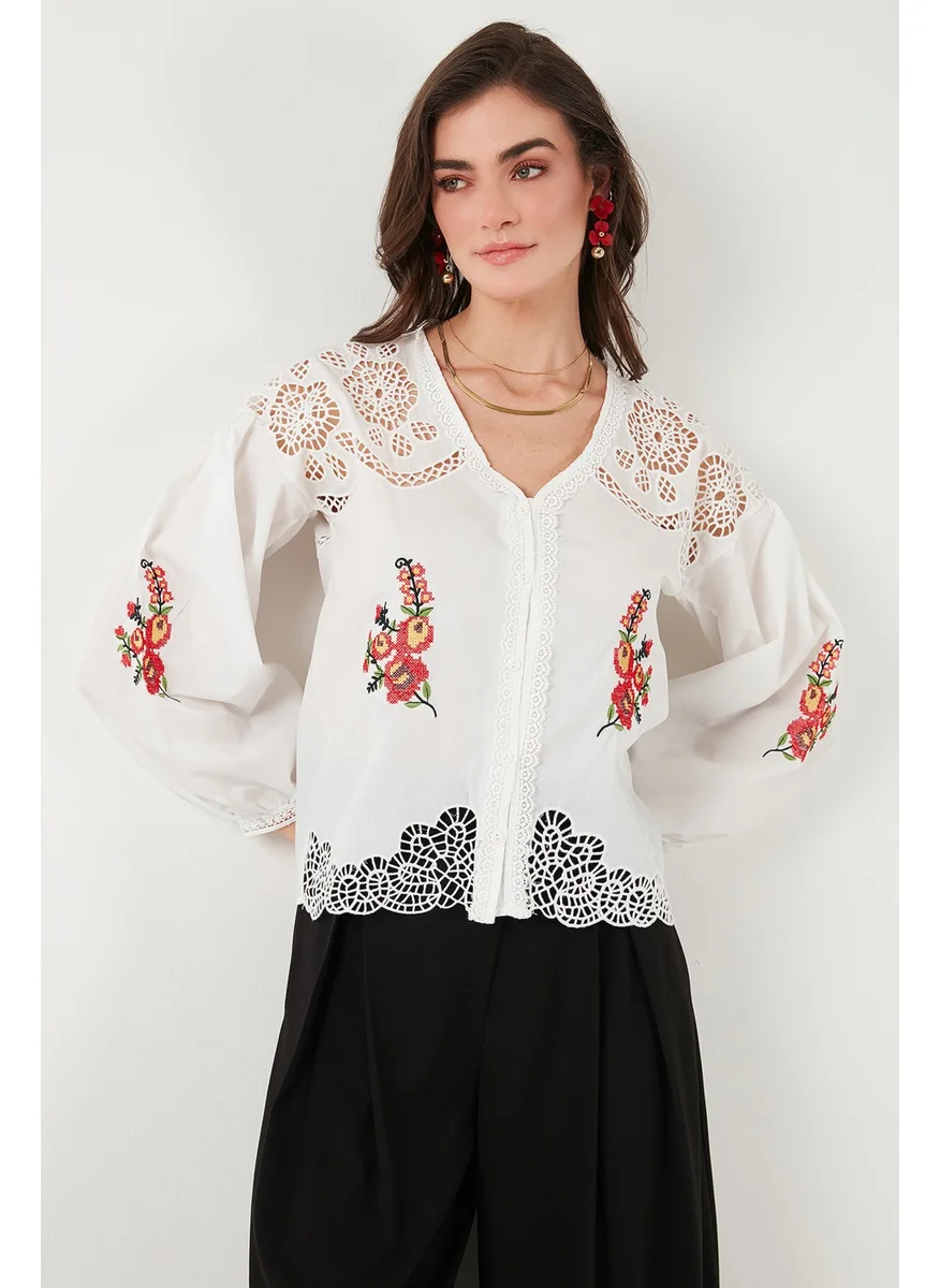 Lela Embroidered Cotton Regular Fit Openwork V Neck Shirt Women's Shirt 676214