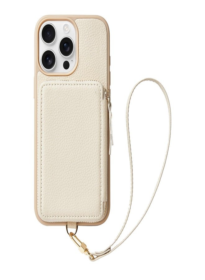 ZVE Compatible with iPhone 16 Pro Max Wallet Case, Zipper Leather Card Holder with RFID Blocking with Wrist Strap for Women for iPhone 16 Pro Max, 6.9"-Beige - Image 1