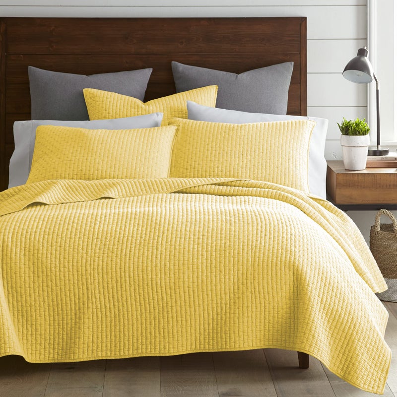 Levtex Home  Cross Stitch Yellow Quilt Set  100 Cotton  KingCal King Quilt 106x92in  2 King Shams 36x20in  Reversible  Cotton Fabric