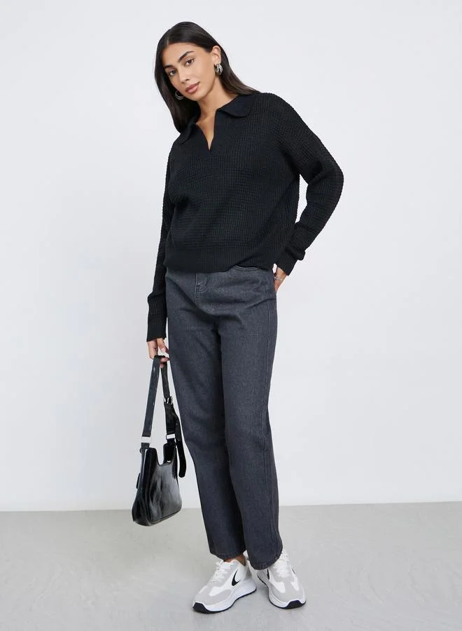 Styli Black Textured Knit Open Collar Polo T-Shirt