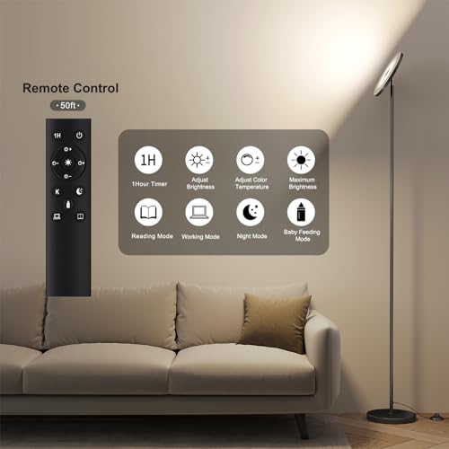 SUNMORY Floor Lamps for Living Room, 32W/3000LM Super Bright LED Floor Lamp with Remote Control, 69" Tall Standing Lamp with Stepless Dimmable, Modern Torchiere Corner Lamp for Bedroom, Office - Image 4