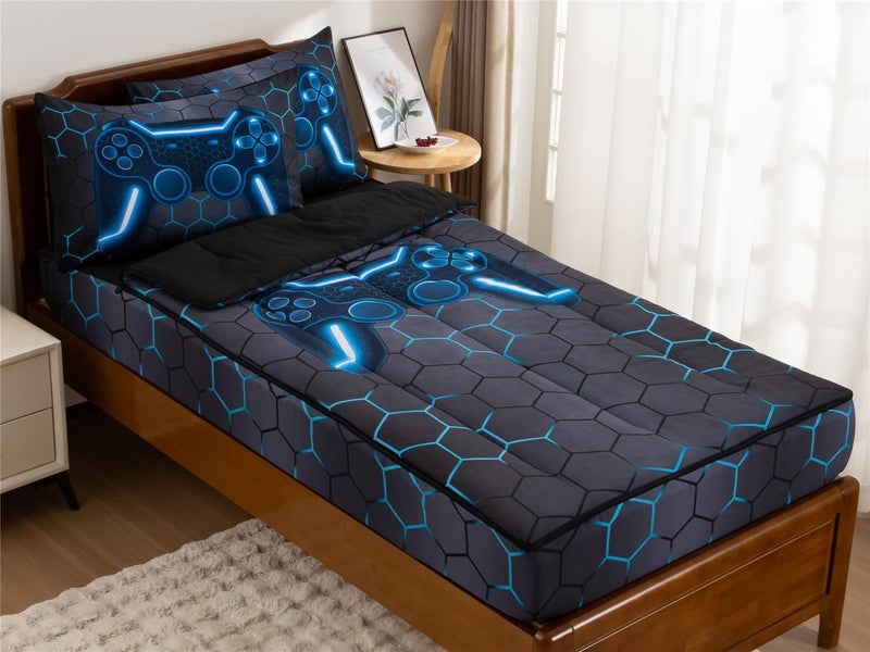 NTBED Gamer Printed Zipper Bedding Sets Twin for Kids Boys Lightweight Microfiber Geometric Comforter Set with Fitted Sheet Pillow Covers,Blue - Image 1