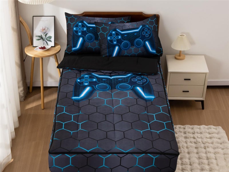 NTBED Gamer Printed Zipper Bedding Sets Twin for Kids Boys Lightweight Microfiber Geometric Comforter Set with Fitted Sheet Pillow Covers,Blue - Image 2