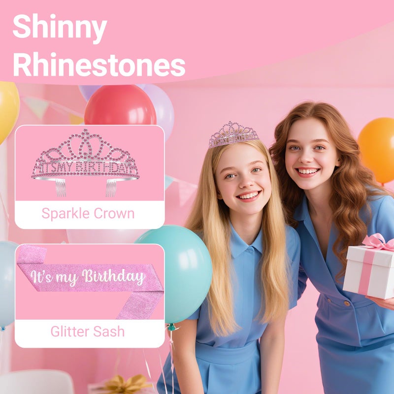 Papoopy Birthday Tiara and Crown with Sash, Birthday Tiara for Women Party Pink - Image 5