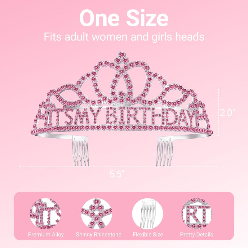 Papoopy Birthday Tiara and Crown with Sash, Birthday Tiara for Women Party Pink - Image 2